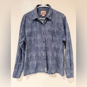 Woolrich Blue Printed Tree Pattern Long Sleeve Button Up 100% Cotton Shirt sizeL